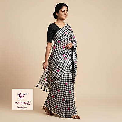 Matarangi Black & White Checks Embroidery Saree Matarangi Black & White Checks Embroidery Saree
