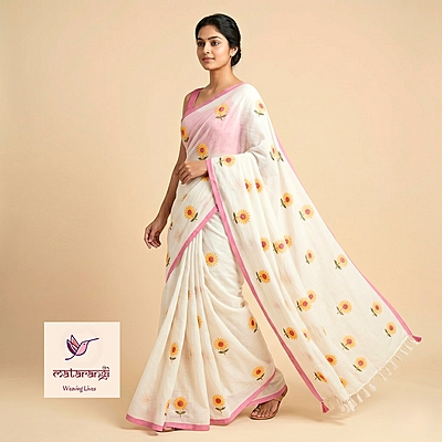 Matarangi White Sunflower Saree Narrow Border Saree