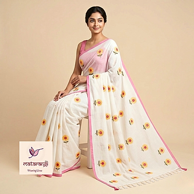 Matarangi White Sunflower Saree Narrow Border Saree