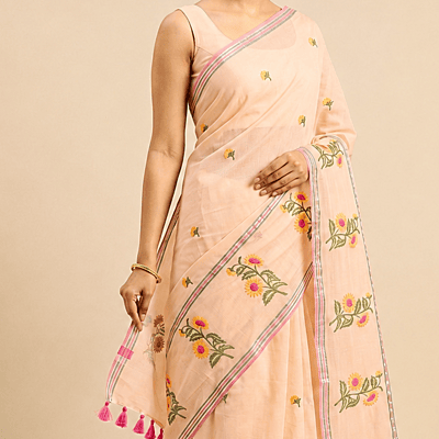 Matarangi Pastel Peach Sunflower embroidered Broad Border Saree Matarangi Pastel Peach Sunflower embroidered Broad Border Saree