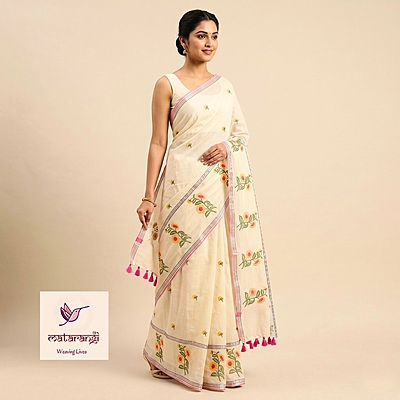 Matarangi Pastel Peach Sunflower embroidered Broad Border Saree