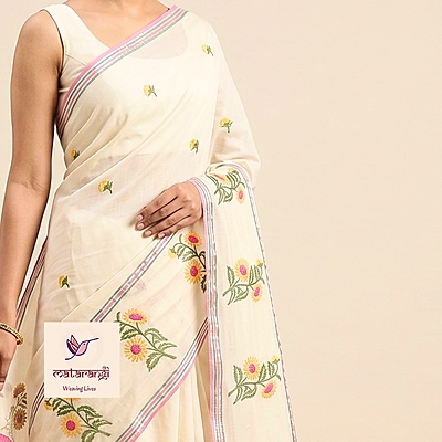 Matarangi Pastel Peach Sunflower embroidered Broad Border Saree