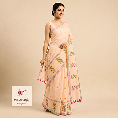 Matarangi Pastel Peach Sunflower embroidered Broad Border Saree Matarangi Pastel Peach Sunflower embroidered Broad Border Saree