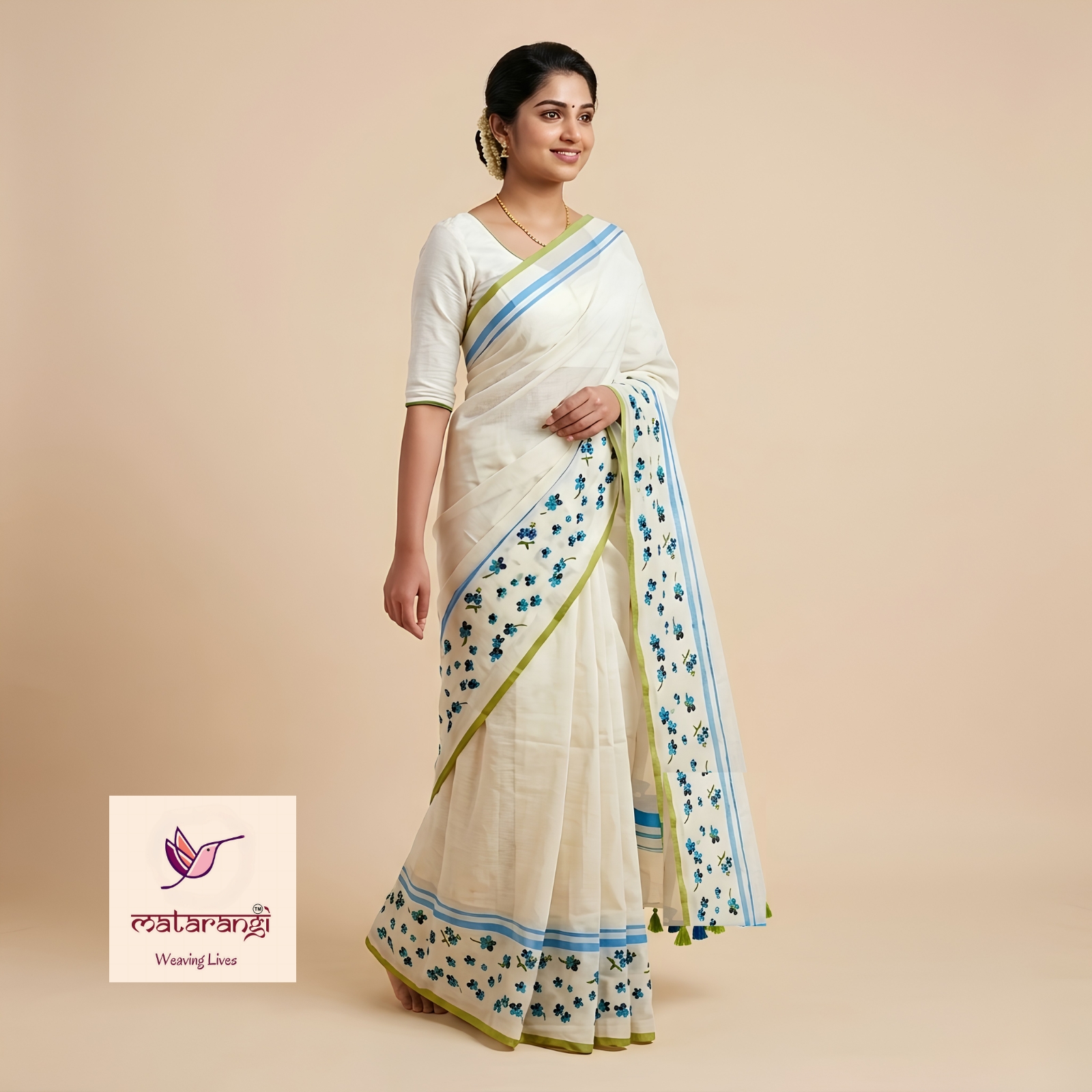 Matarangi White Mul Cotton Blue Embroidered Flower Saree Matarangi White Mul Cotton Blue Embroidered Flower Saree