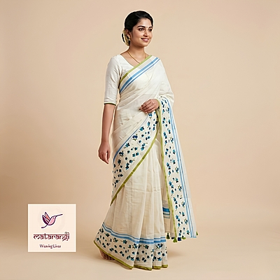 Matarangi White Mul Cotton Blue Embroidered Flower Saree
