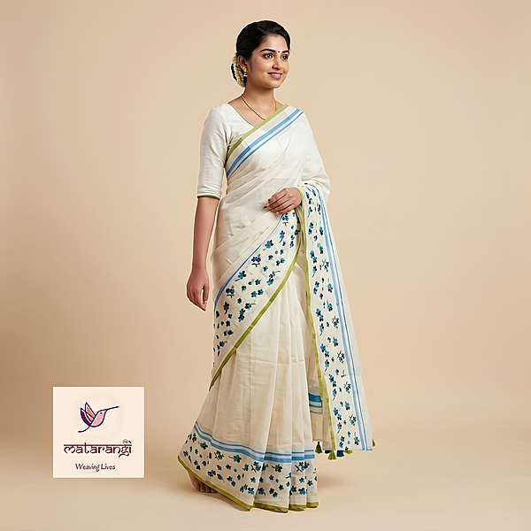 Matarangi White Mul Cotton Blue Embroidered Flower Saree Matarangi White Mul Cotton Blue Embroidered Flower Saree