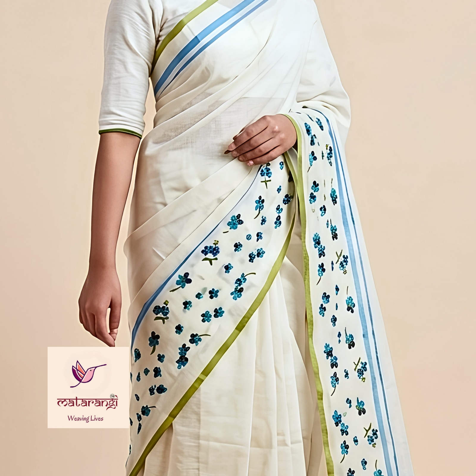 Matarangi White Mul Cotton Blue Embroidered Flower Saree Matarangi White Mul Cotton Blue Embroidered Flower Saree