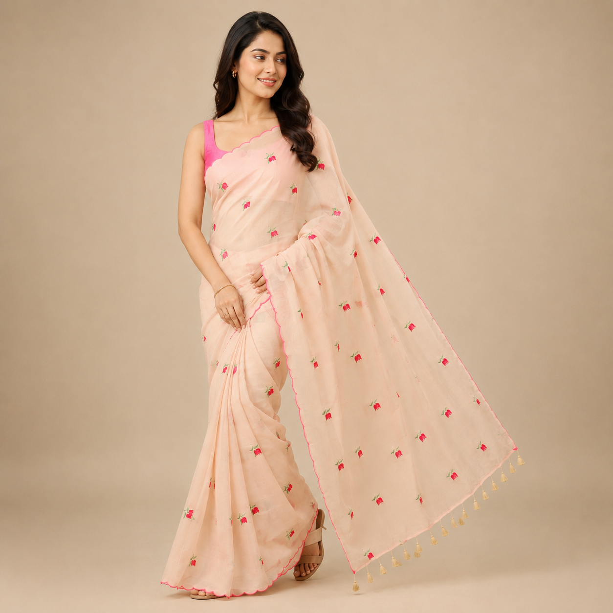 Matarangi Pastel Peach Lotus Embroidered Saree Matarangi Pastel Peach Lotus Embroidered Saree