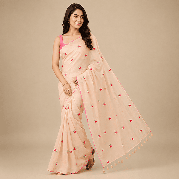 Matarangi Pastel Peach Lotus Embroidered Saree Matarangi Pastel Peach Lotus Embroidered Saree