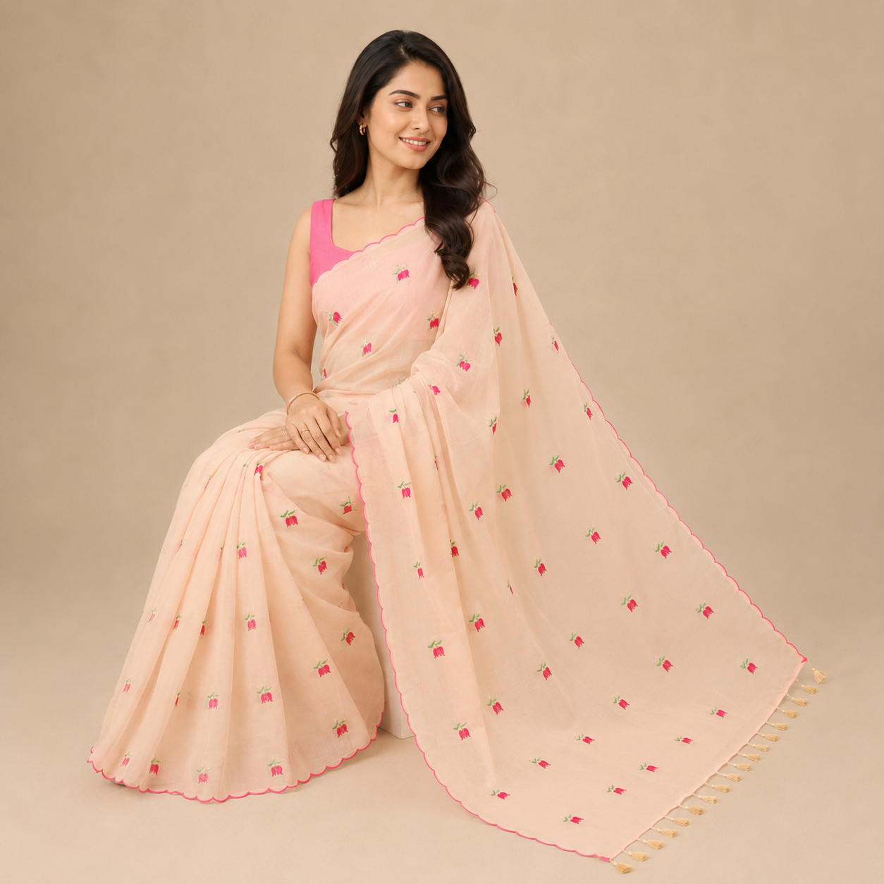 Matarangi Pastel Peach Lotus Embroidered Saree Matarangi Pastel Peach Lotus Embroidered Saree