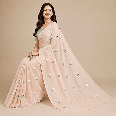 Matarangi Pastel Peach Blue & White Flower Embroidered Saree Matarangi Pastel Peach Blue & White Flower Embroidered Saree