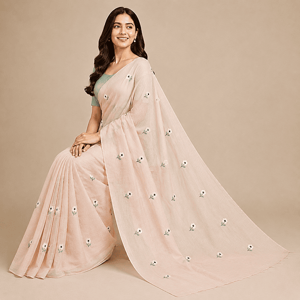 Matarangi Pastel Peach Blue & White Flower Embroidered Saree Matarangi Pastel Peach Blue & White Flower Embroidered Saree