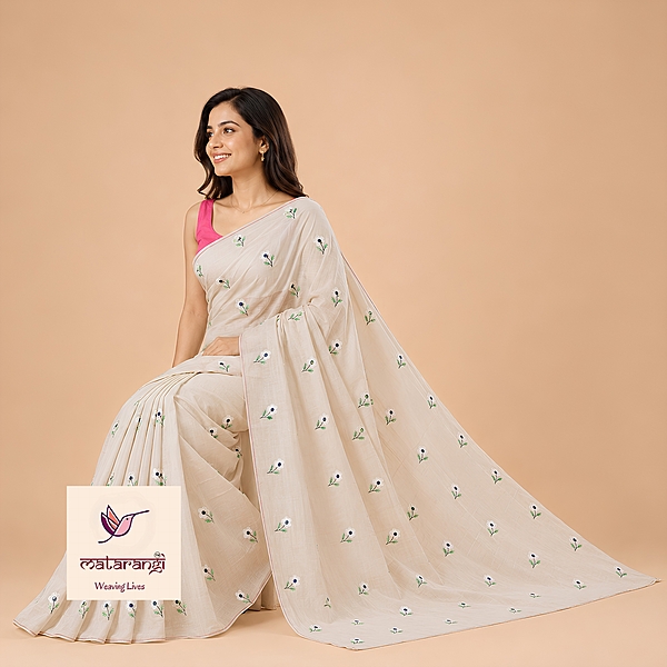Matarangi Pastel Peach Blue & White Flower Embroidered Saree Matarangi Pastel Peach Blue & White Flower Embroidered Saree