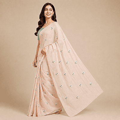 Matarangi Pastel Peach Blue & White Flower Embroidered Saree Matarangi Pastel Peach Blue & White Flower Embroidered Saree