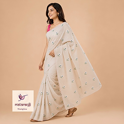 Matarangi Pastel Peach Blue & White Flower Embroidered Saree Matarangi Pastel Peach Blue & White Flower Embroidered Saree