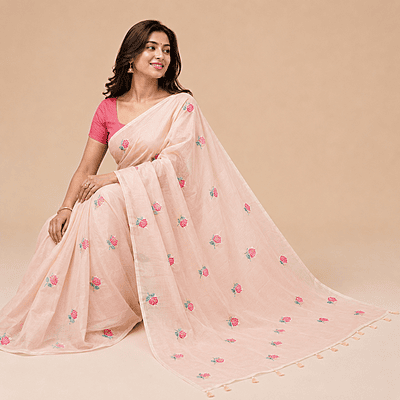 Matarangi Pastel Peach Pink Flower Embroidered Saree