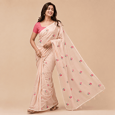 Matarangi Pastel Peach Pink Flower Embroidered Saree