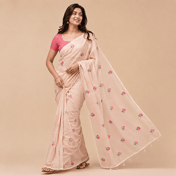 Matarangi Pastel Peach Pink Flower Embroidered Saree