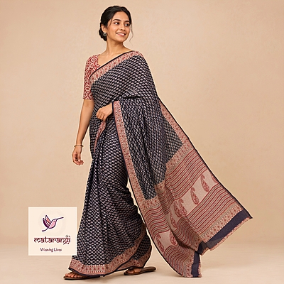 Matarangi Black & Cream Hand Block Printed Organic Chanderi Silk Saree