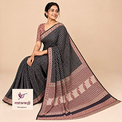 Matarangi Black & Cream Hand Block Printed Organic Chanderi Silk Saree Matarangi Black & Cream Hand Block Printed Organic Chanderi Silk Saree