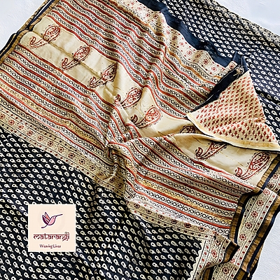 Matarangi Black & Cream Hand Block Printed Organic Chanderi Silk Saree Matarangi Black & Cream Hand Block Printed Organic Chanderi Silk Saree