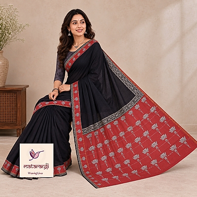 Matarangi Black & Red Lily Hand Block Printed Organic Chanderi Silk Saree