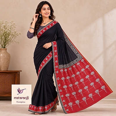 Matarangi Black & Red Lily Hand Block Printed Organic Chanderi Silk Saree