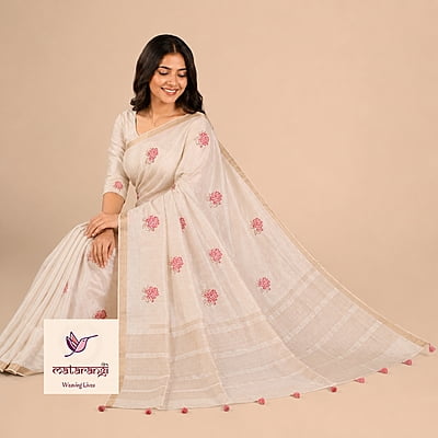 Matarangi Cream Cross Stitch (Rose-S) Chanderi Tissue Saree