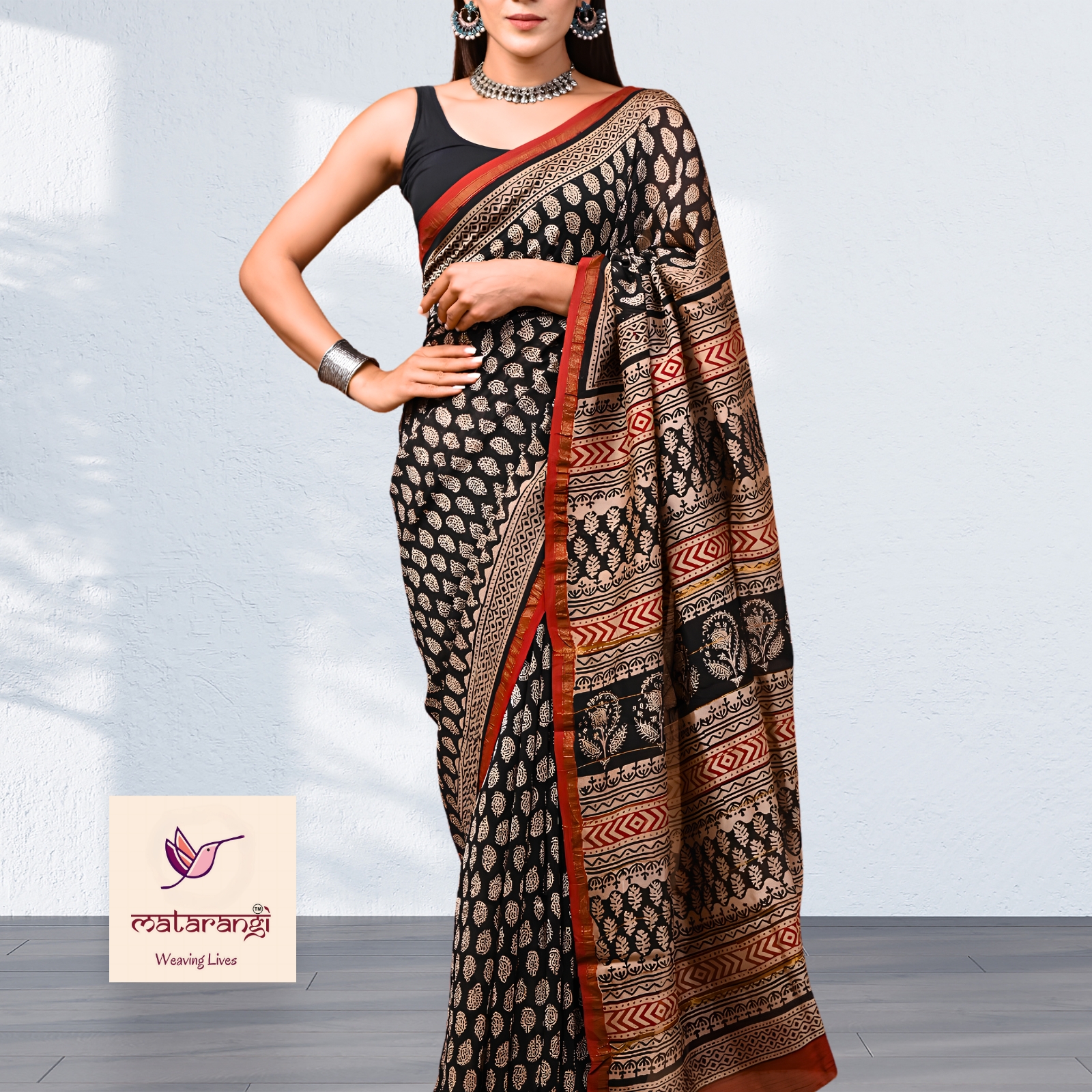 Matarangi Black & Cream Hand Block Printed Organic Chanderi Silk Saree