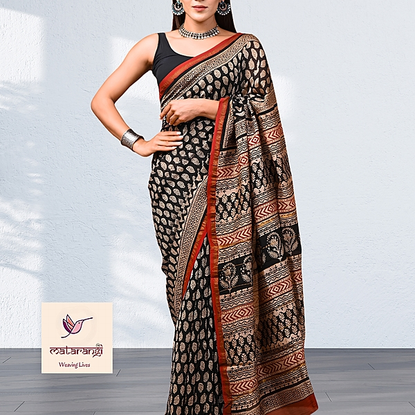 Matarangi Black & Cream Hand Block Printed Organic Chanderi Silk Saree