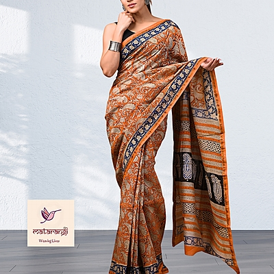 Matarangi Orange Floral Hand Block Printed Organic Chanderi Silk Saree Matarangi Orange Floral Hand Block Printed Organic Chanderi Silk Saree