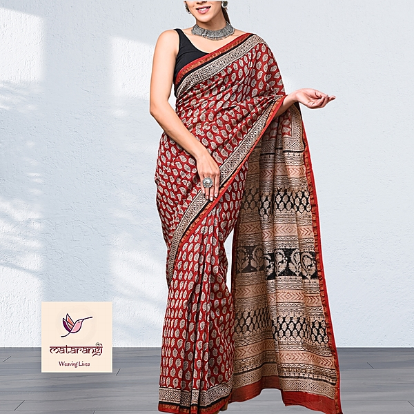 Matarangi Maroon Hand Block Printed Organic Chanderi Silk Saree