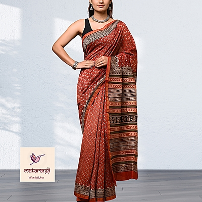 Matarangi Brick Red Hand Block Printed Organic Chanderi Silk Saree