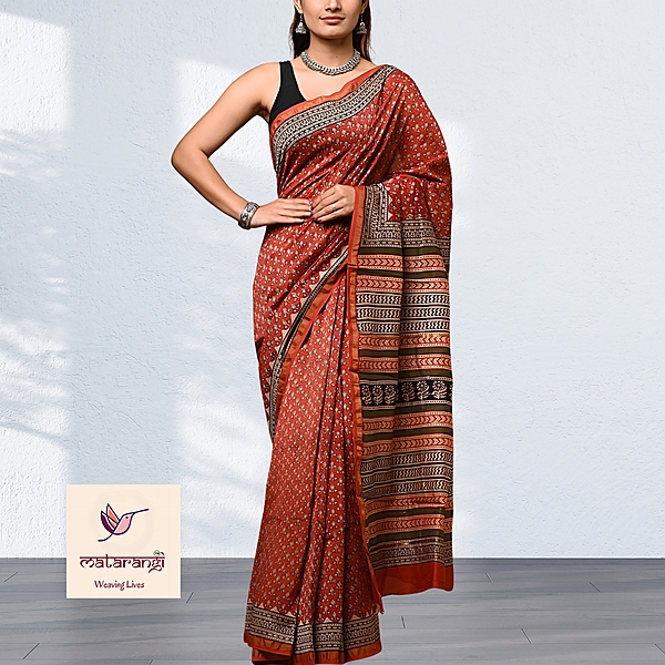 Matarangi Brick Red Hand Block Printed Organic Chanderi Silk Saree