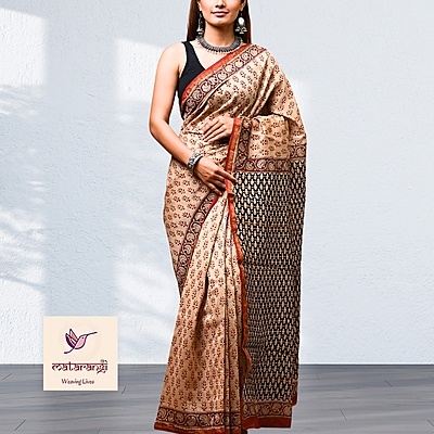 Matarangi Cream & Red Hand Block Printed Organic Chanderi Silk Saree