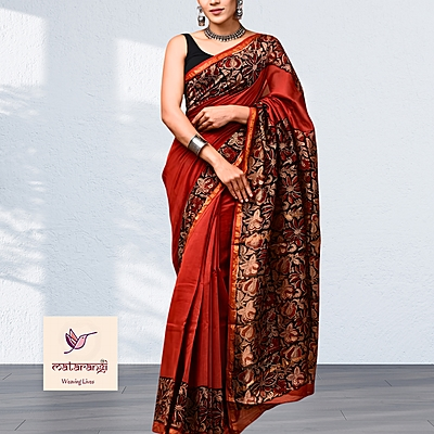 Matarangi Brick Red Floral Broad Border Hand Block Printed Organic Chanderi Silk Saree