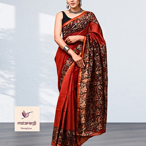 Matarangi Brick Red Floral Broad Border Hand Block Printed Organic Chanderi Silk Saree