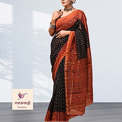 Matarangi Black & Rust Red Broad Border Hand Block Printed Organic Chanderi Silk Saree