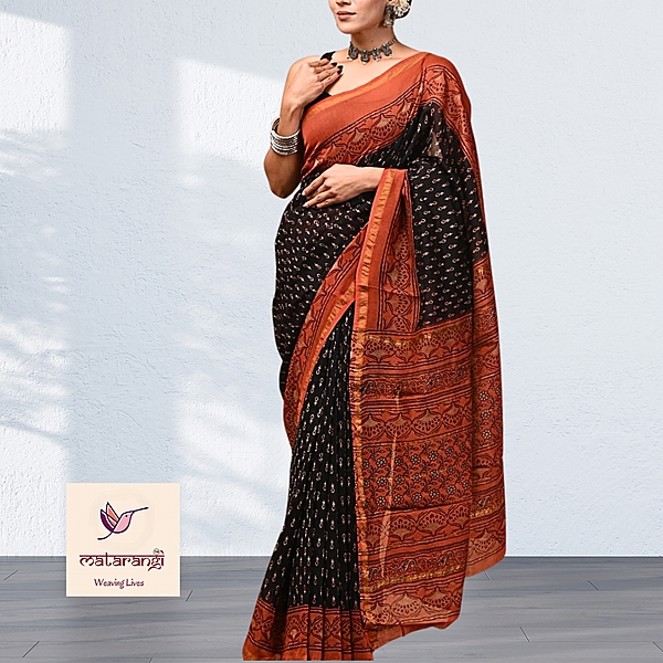 Matarangi Black & Rust Red Broad Border Hand Block Printed Organic Chanderi Silk Saree