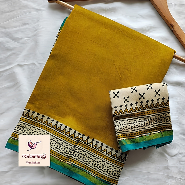 Matarangi Mustard Hand Block Printed Organic Chanderi Silk Saree