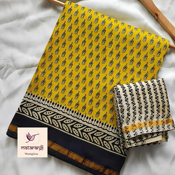 Matarangi Yellow Hand Block Printed Organic Chanderi Silk Saree