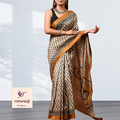 Matarangi Black & Cream Hand Block Printed Organic Maheshwari Silk Saree