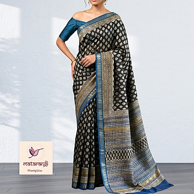 Matarangi Black & Blue Hand Block Printed Organic Maheshwari Silk Saree