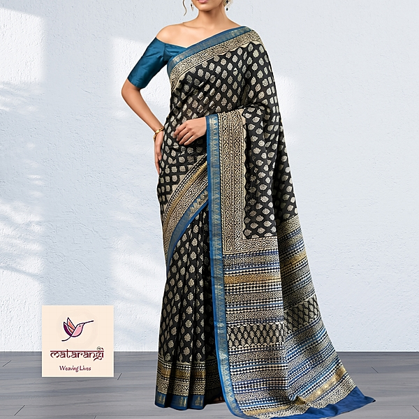 Matarangi Black & Blue Hand Block Printed Organic Maheshwari Silk Saree Matarangi Black & Blue Hand Block Printed Organic Maheshwari Silk Saree