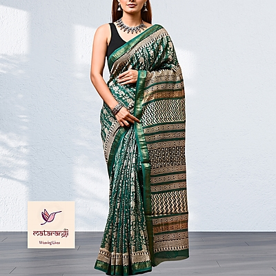 Matarangi Green Hand Block Printed Organic Maheshwari Silk Saree