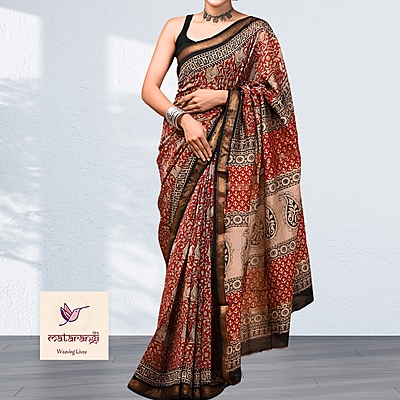 Matarangi Maroon & Cream Handblock Printed Maheshwari Silk Saree