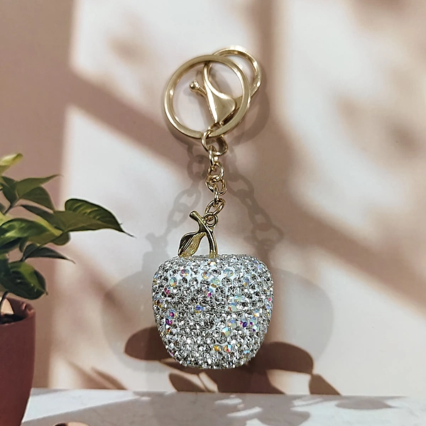 White Apple Rhinestone Keychain