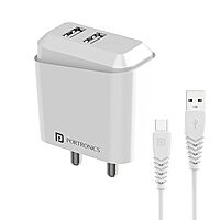 Portronics 10034 Adapto 42C Charger – 2.4A Dual USB Port | Type-C Cable Included | White