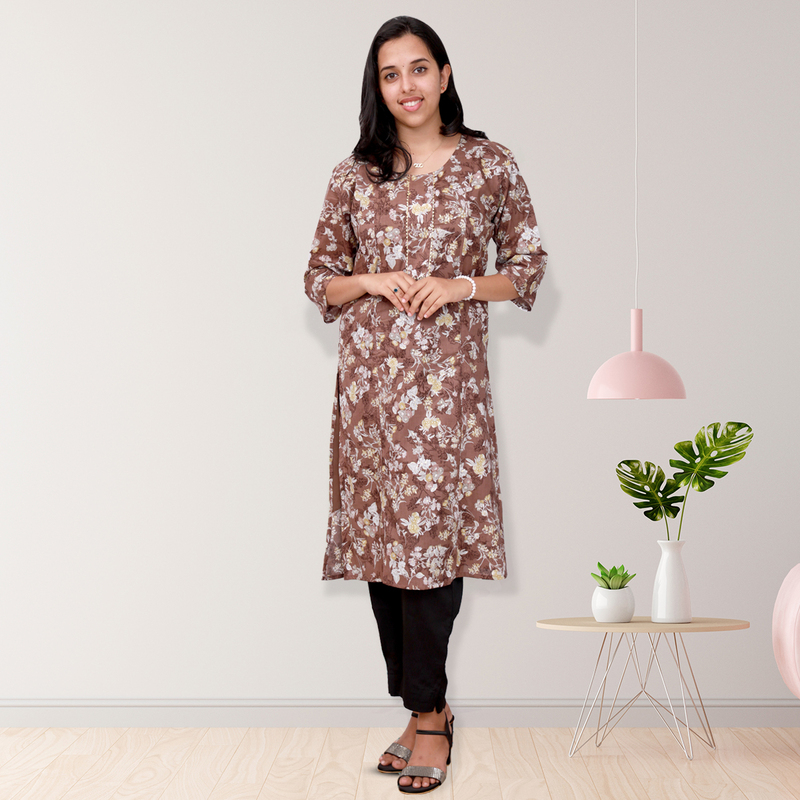 Princess feeling foil printed side slit Brown Floral Top