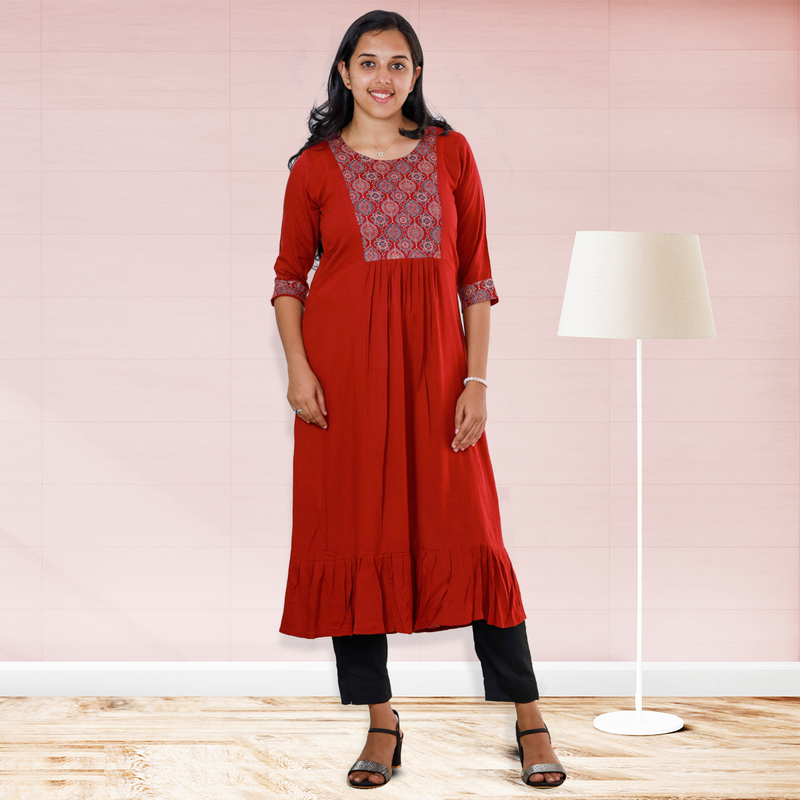 Anjali wrinkled rayon top with ajrakh cotton floral patch - red